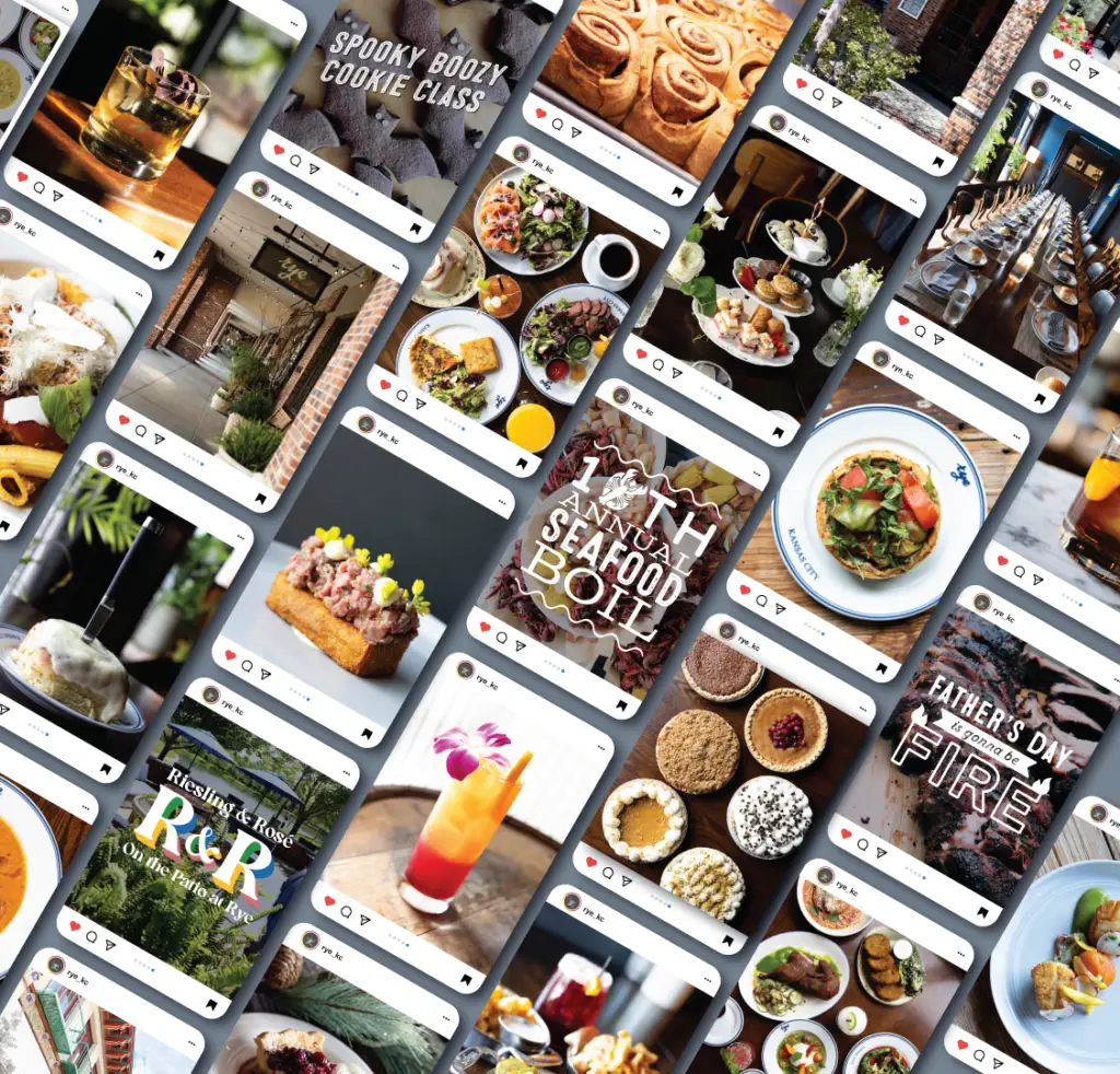 A flat lay of iPhones featuring various social media posts Jenny McGill created for Rye Restaurants.